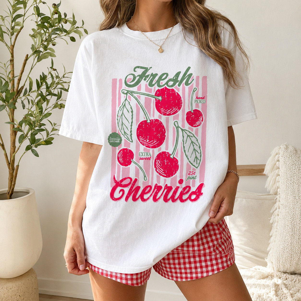 Fresh Cherries Graphic Tee, Retro Fruit Print Shirt, Summer Casual T-Shirt