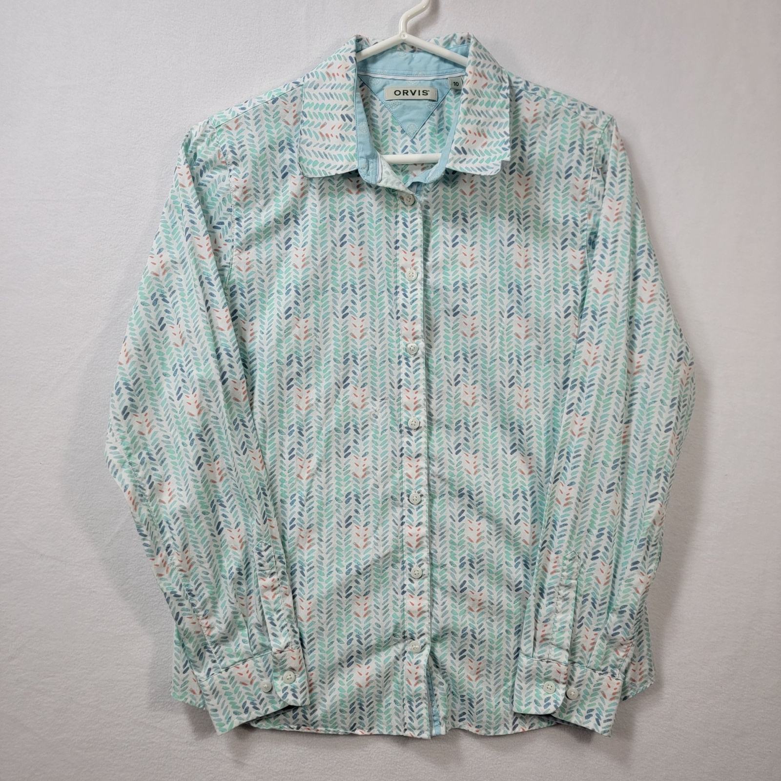 Orvis Womens Long Sleeve Button-Up Shirt Size 10 Light Green Leaf Print Cotton