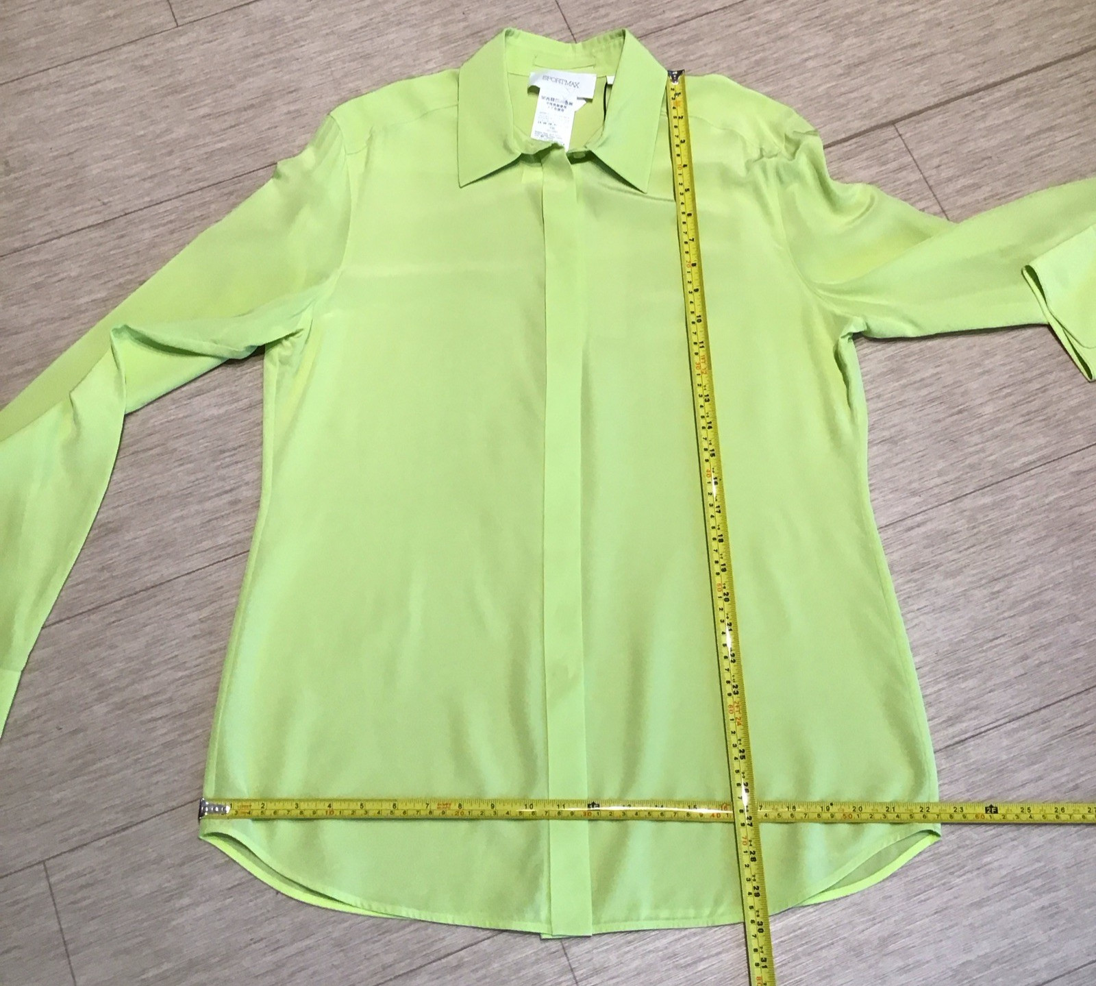 Max Mara SPORTMAX Algebra Lime Silk Shirt Button Front Elongated Cuffs NWOT US14