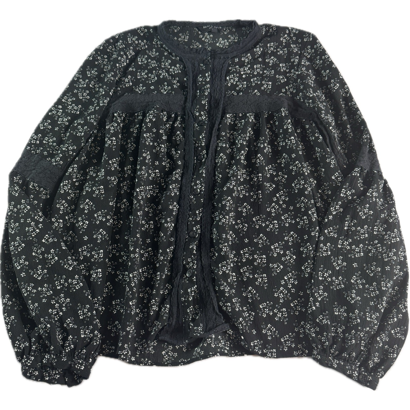 Brave Soul London Womens Large Black Floral Boho Peasant Blouse Lace Trim Sheer