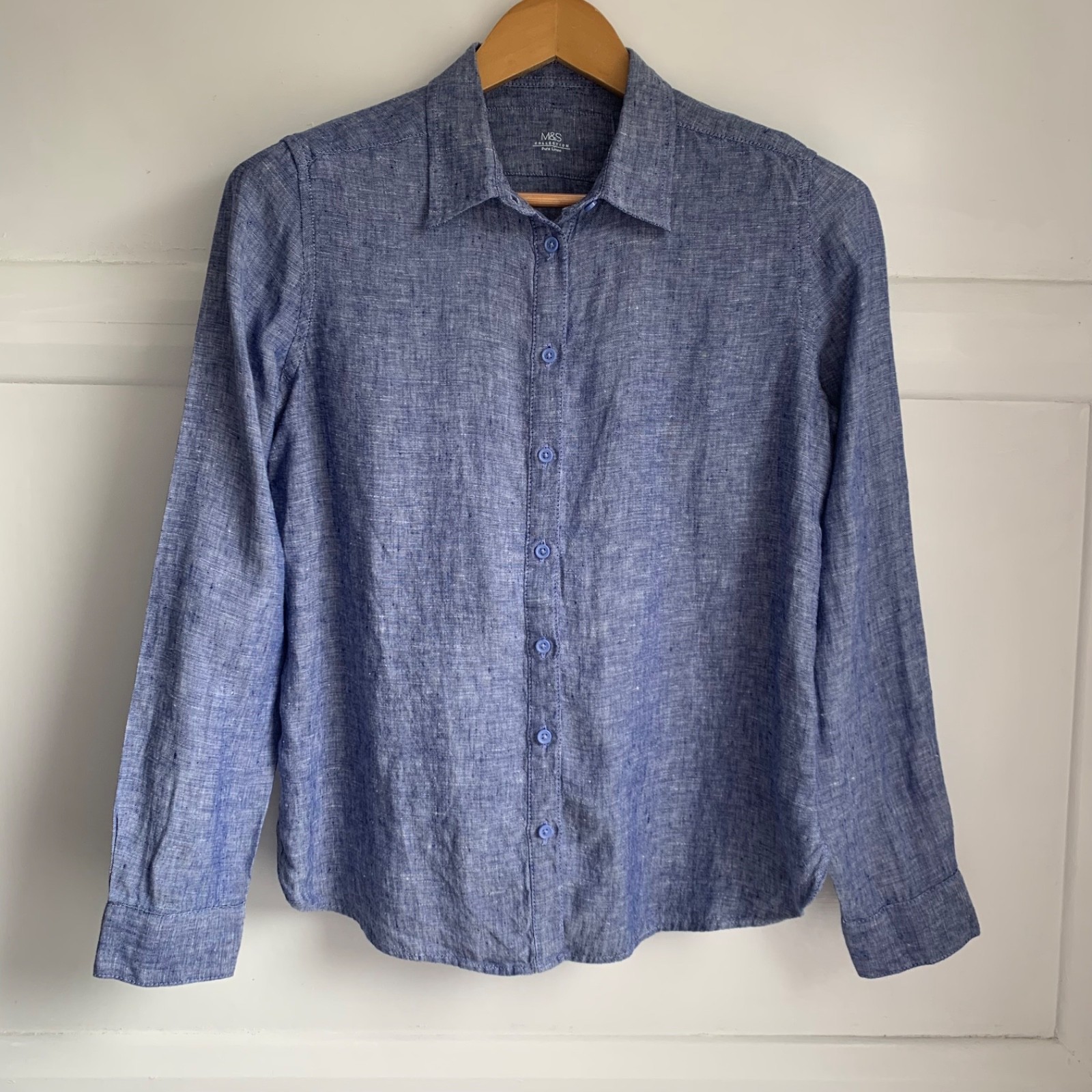 M&S 100% Pure Linen Shirt Womens UK 8 Chambray Blue Long Sleeve Regular Fit
