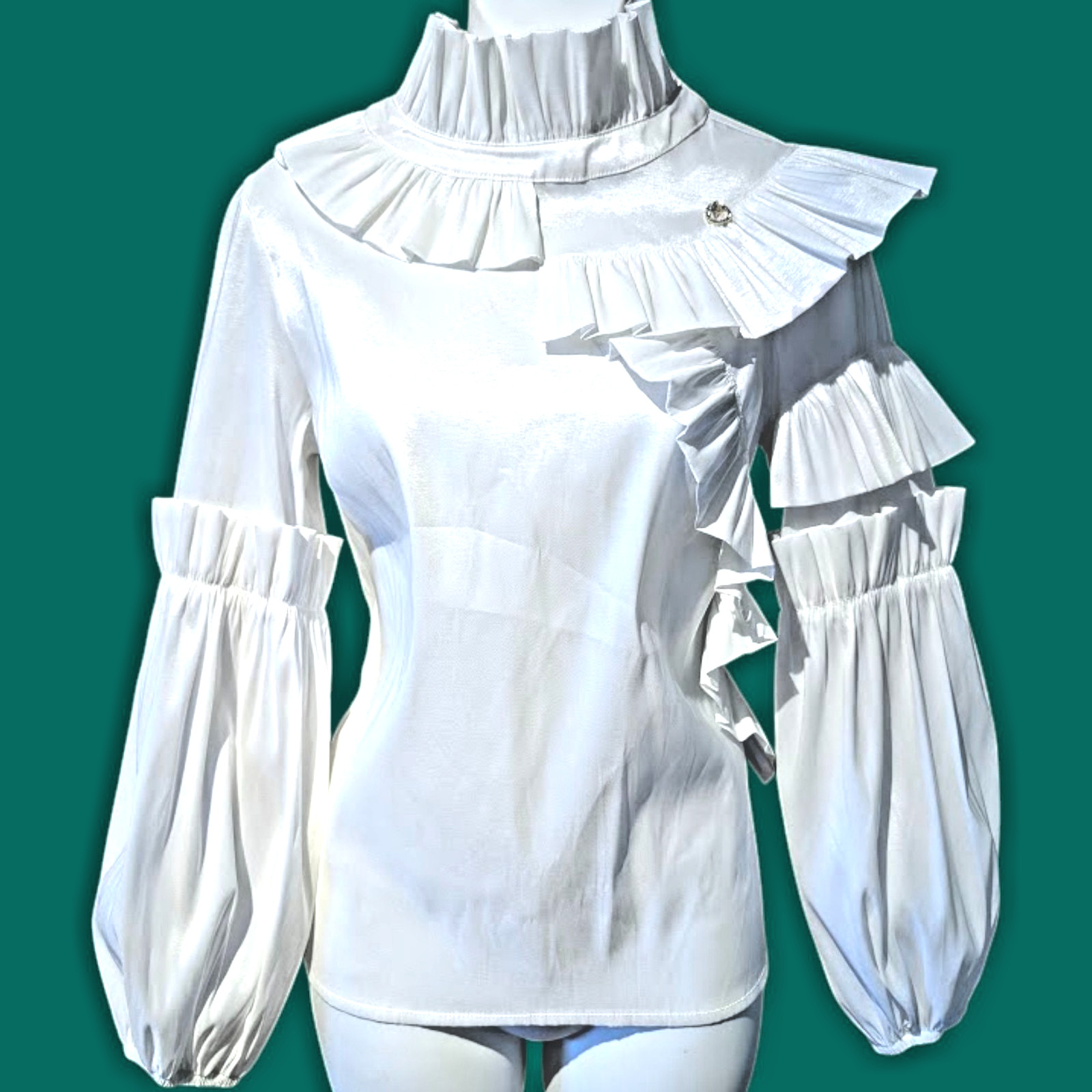 AYHAN of TURKIYE pearly shimmer structured ruffle blouse avant garde top S 3C