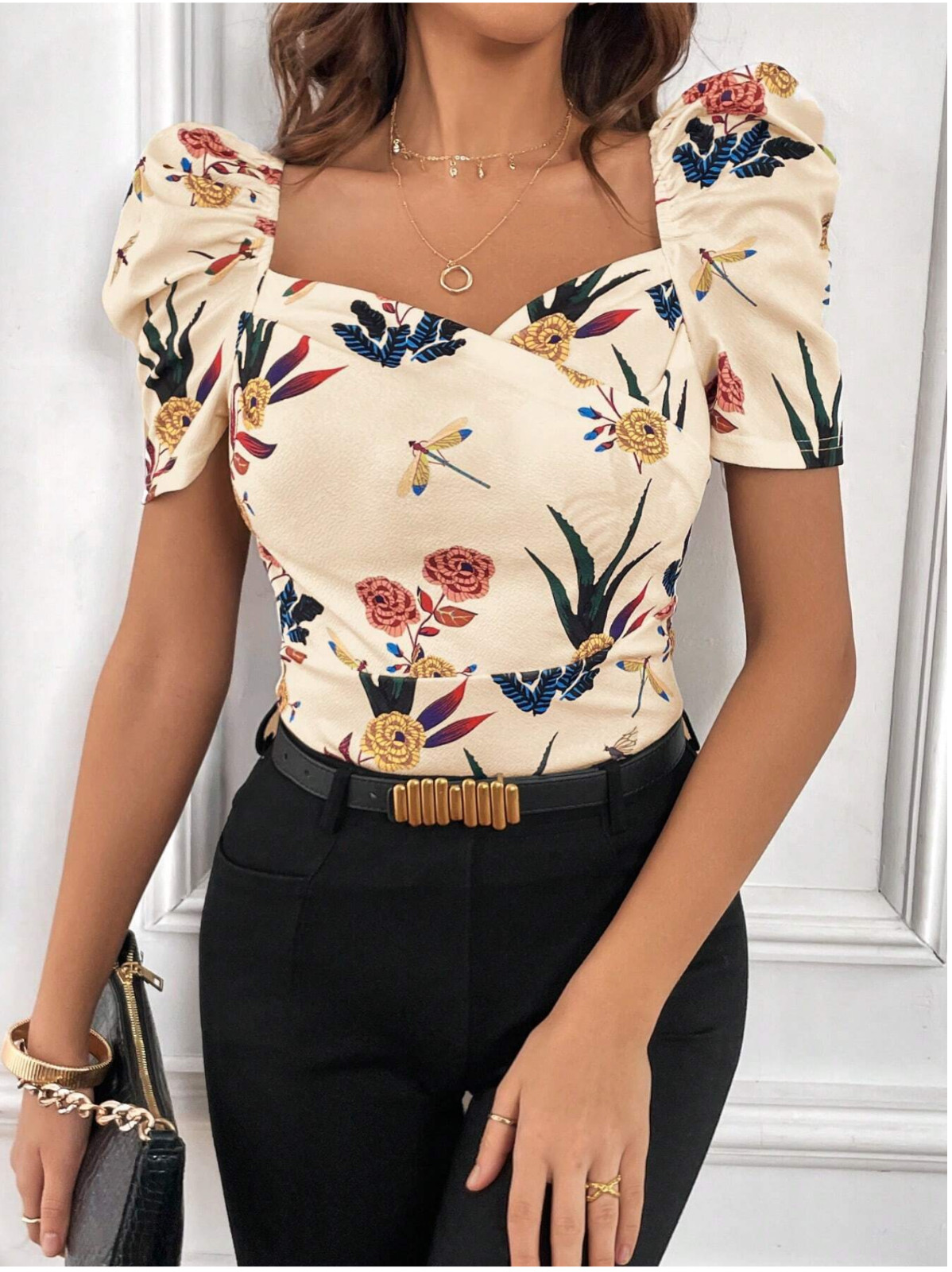 Multicor Privé Floral Print Sweetheart Neck Puff Sleeve Summer Tee Sz XS S M LXL
