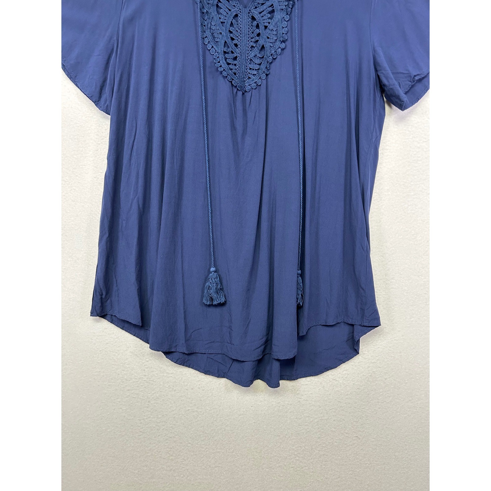 Boho Peasant Ekouaer Women XL Blue Crochet Lace Tassel V-Neck Short Slv Blouse