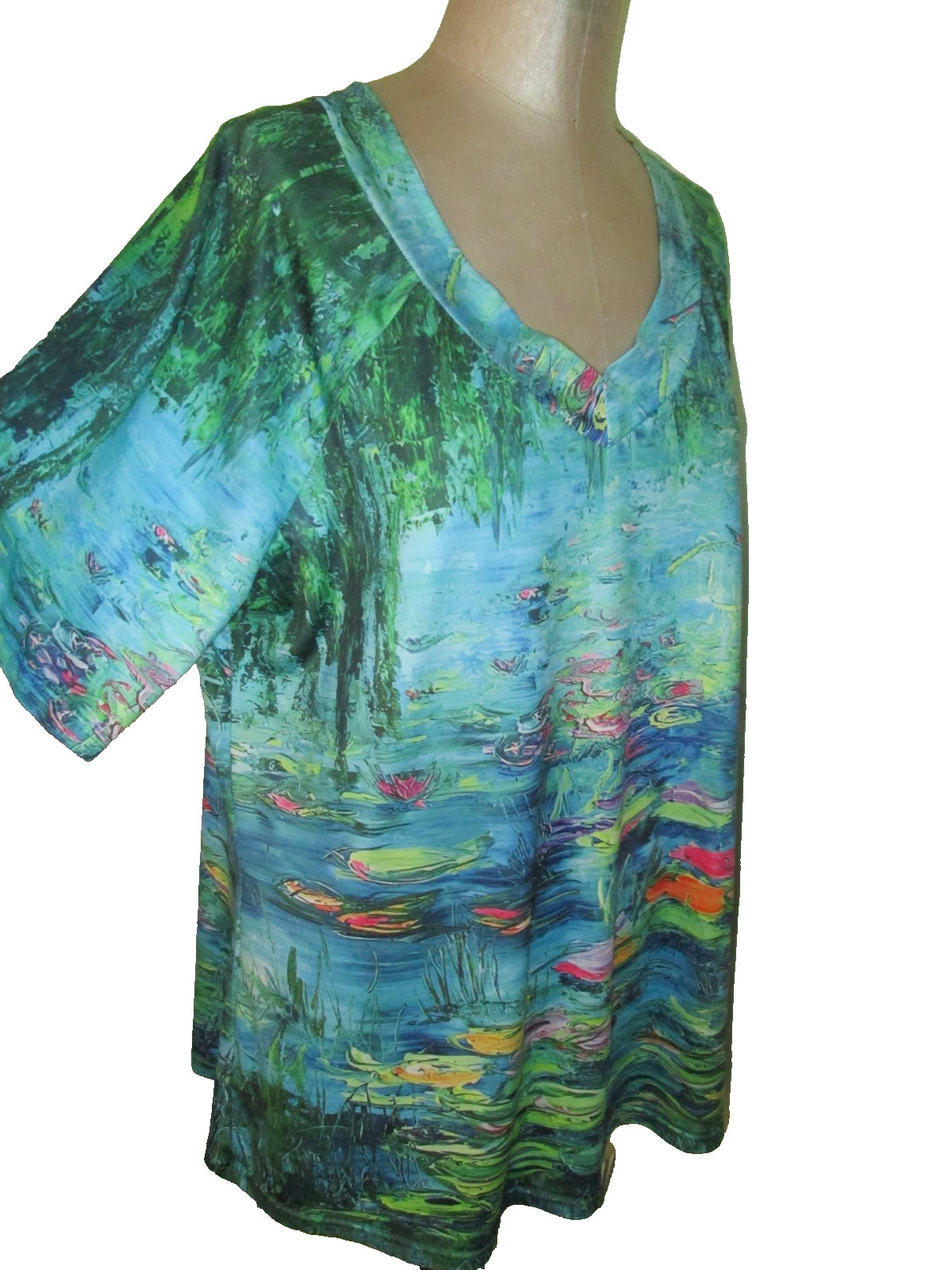 MISSLOOK AQUA FISH POND SCENE V-NK S/S TUNIC TOP SZ 1X EXC COND! CAREER/CAS!