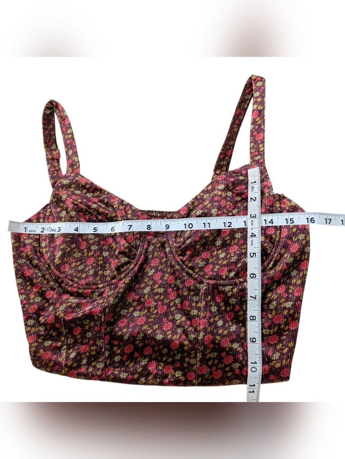 Tillys Full Tilt Velvet Bustier Crop Top XL Burgundy Red Ribbed Corduroy Floral