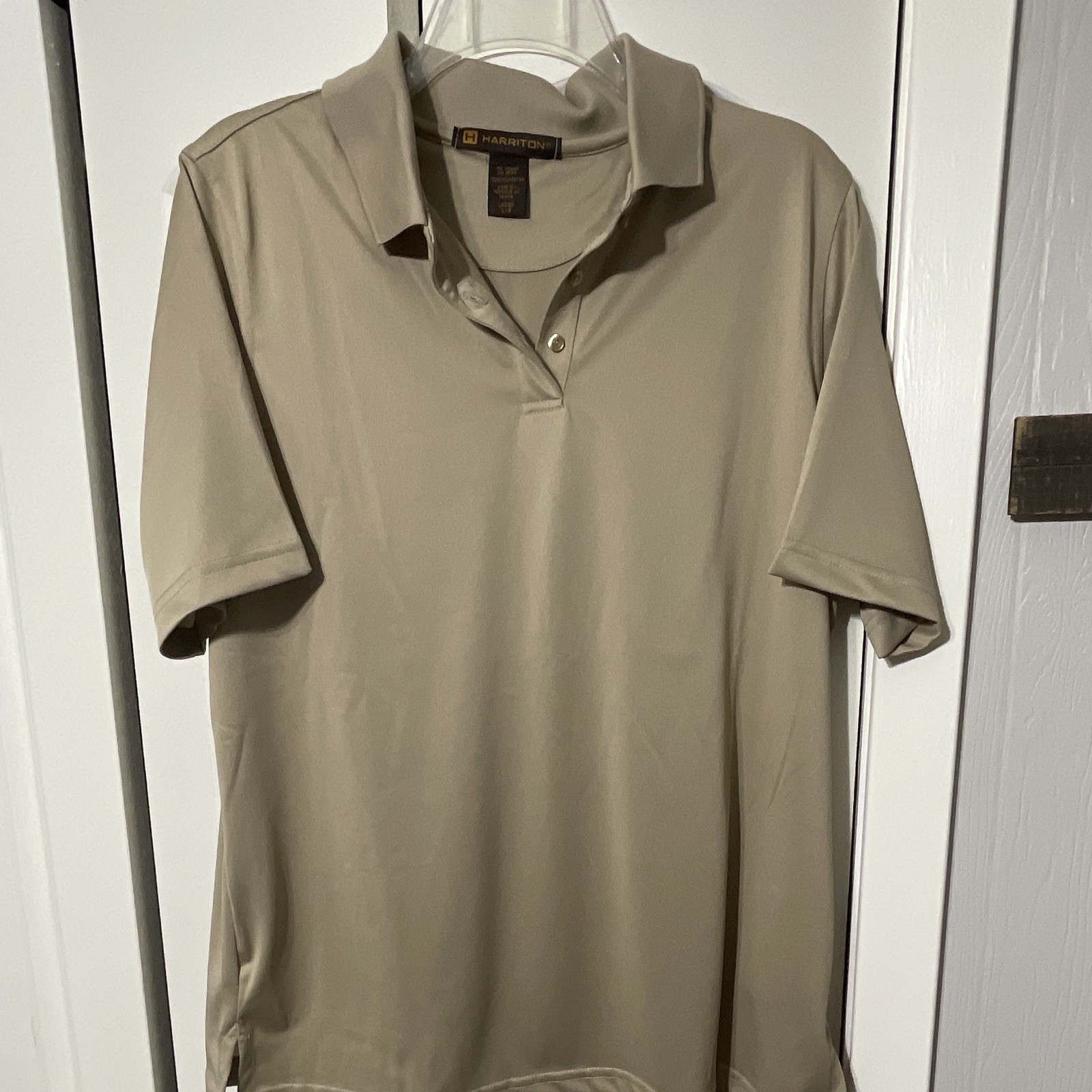 Harriton Women’s Beige Solid Polo Shirt Short Sleeve Knit Polyester Size L