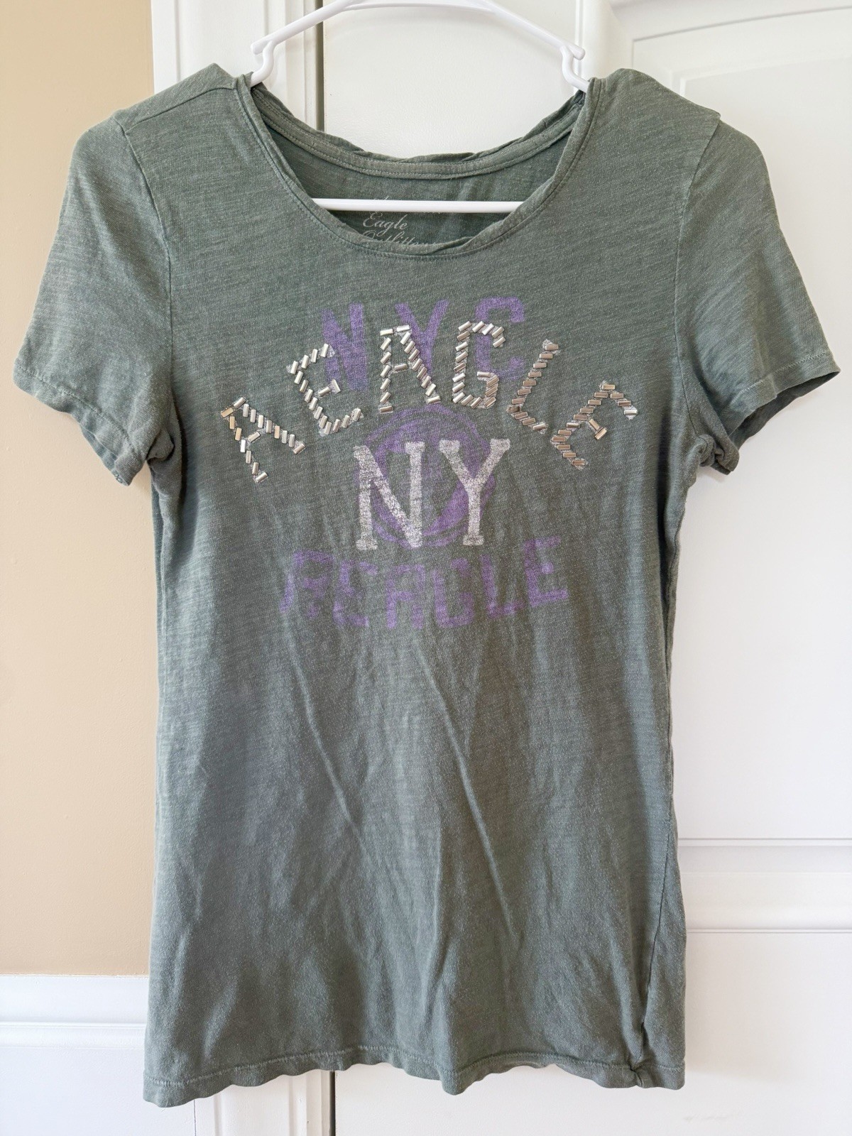 Vintage American Eagle Sage Green And purple Graphic Tee W/Silver studded Detail