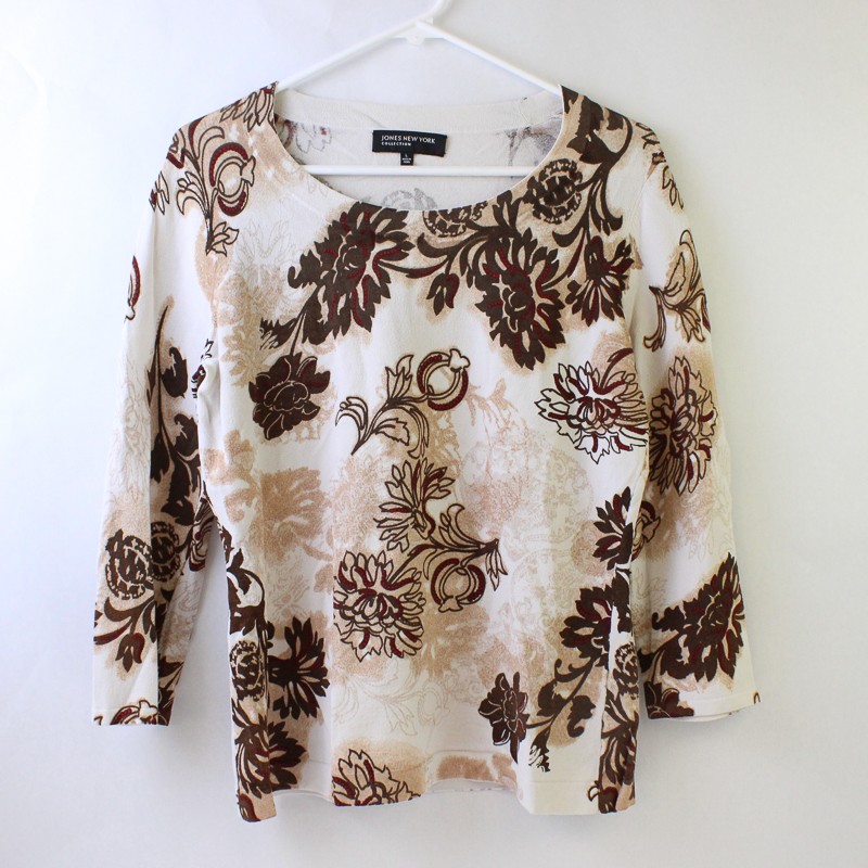 Jones New York Brown/White Floral Quarter Length Sleeve Top Women’s Size L