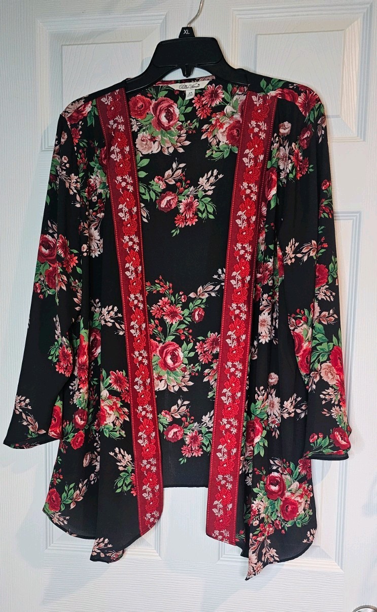 The Pioneer Woman Floral Kimono Cardigan Open Front Black Red S/M Boho