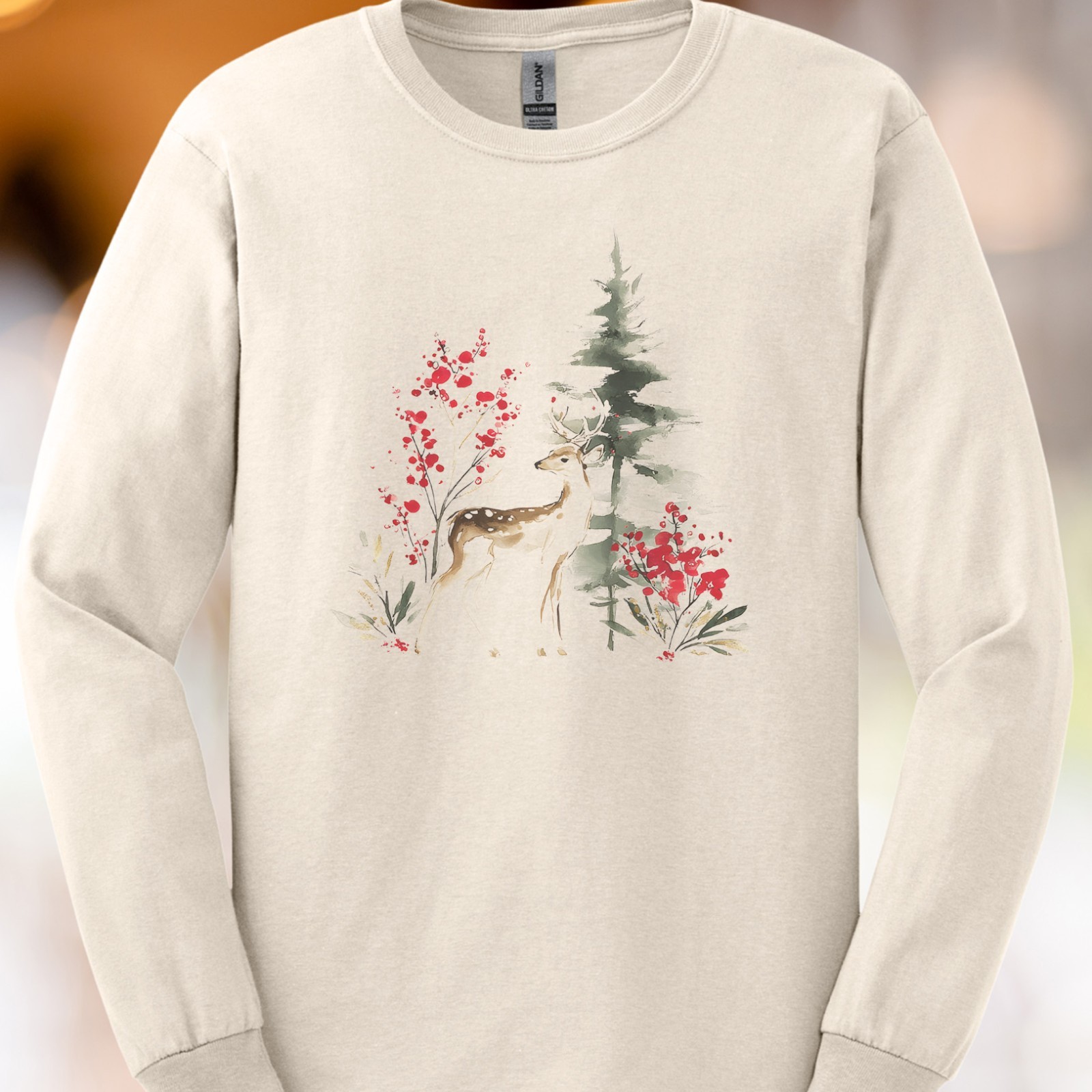Deer and Pine Tree Forest Shirt Holiday Nature Animal Red Berries Graphic Tee