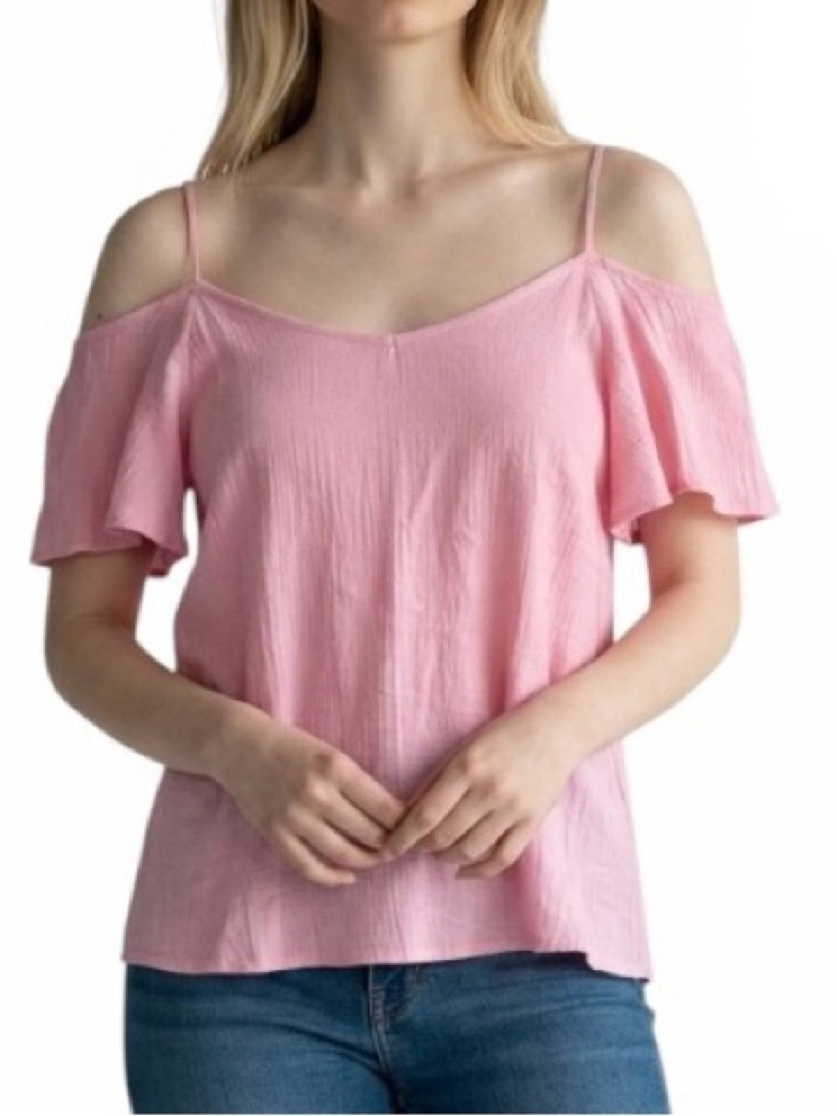 Speed Limit Pink Textured Cold Shoulder Flutter Sleeve Blouse Top – Size L