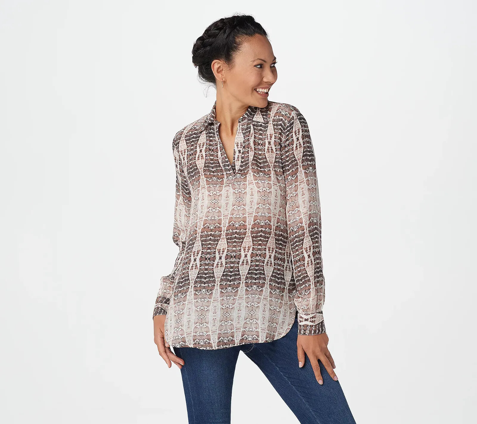Haute Hippie Tribe ‘Harper’ V-Neck Pullover Blouse-Khaki Snake-XS-NEW-A370024