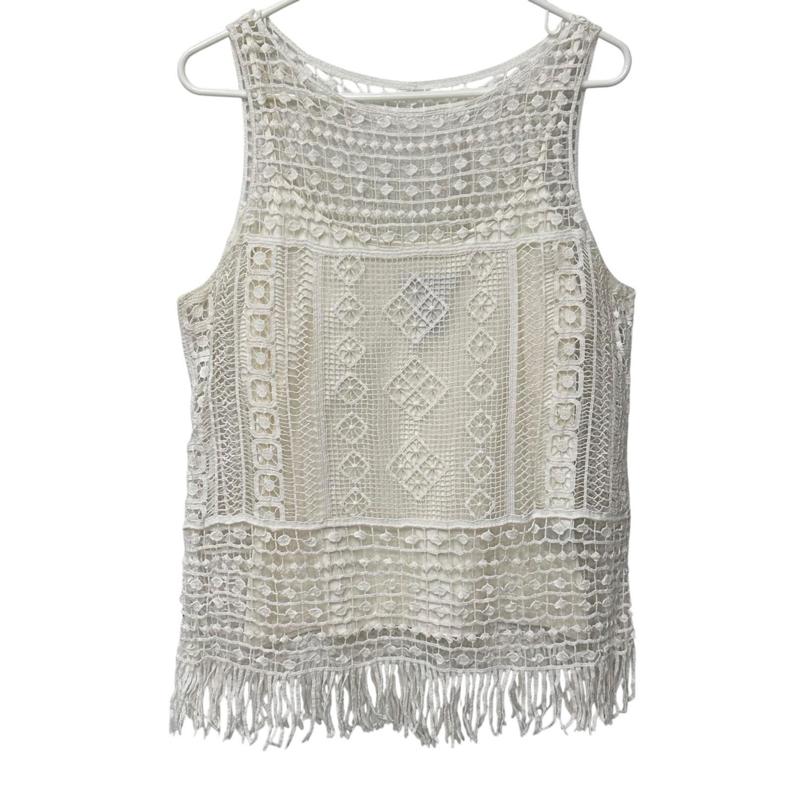 Ralph Lauren LRL Women’s Top Ivory Size Large Lace Top with Fringe Lined Boho