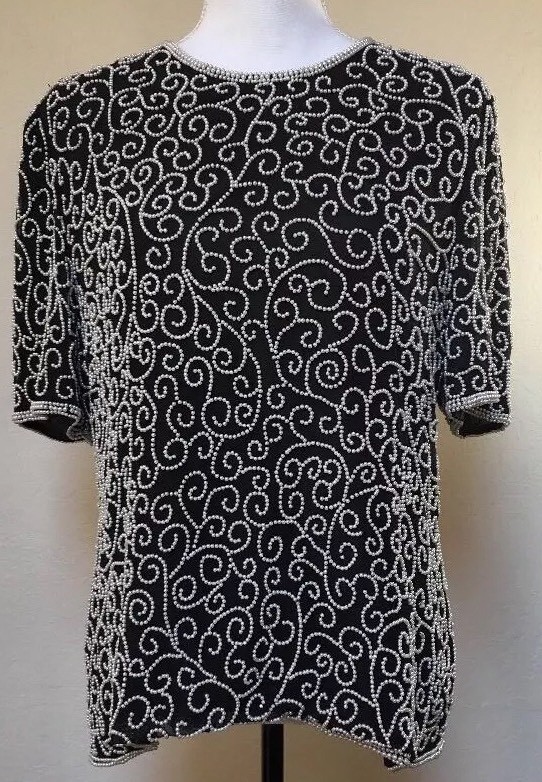 Vtg Laurence Kazar Beaded Top Black With White Beading Short Sleeve Size L NY