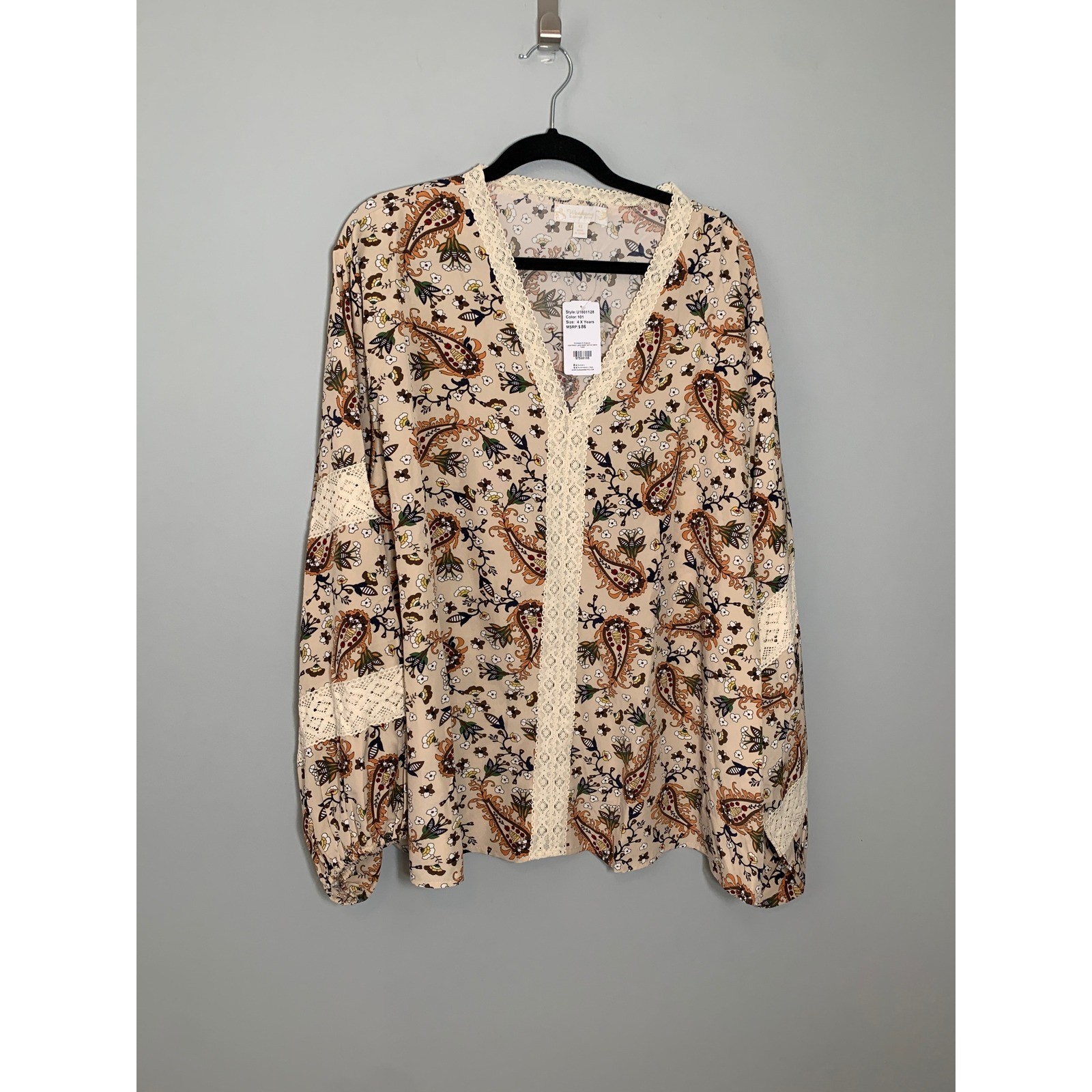 NEW Suzanne Betro Blouse Womens 4X Beige Paisley Lace Trim V-Neck Top