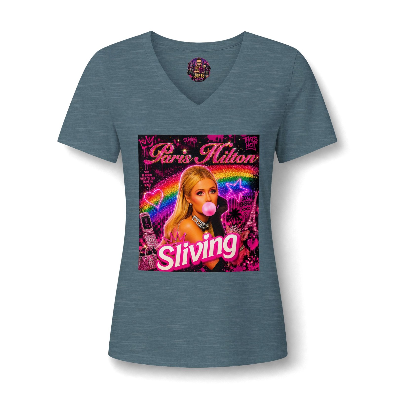 Y2K Sliving Pop Queen V-Neck Graphic Tee Pink Rainbow Streetwear Shirt