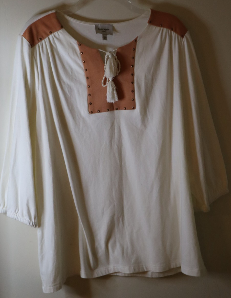 Haute Hippie Tribe Tunic w/ Faux Suede & stud Detail in Antique White Size XL