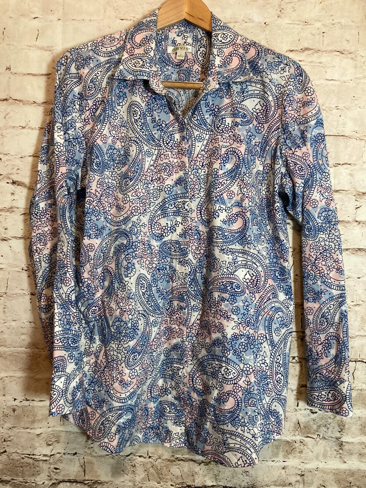Orvis Top Womens 16 Icy Blue Paisley Hidden Button Up Cotton Plus Office Career