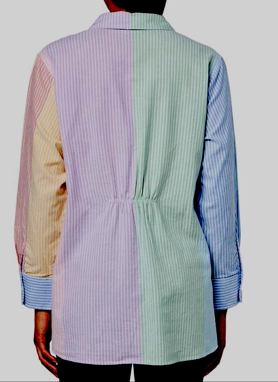 Tommy Hilfiger Women Striped Multi Colorblock Tie Front Cotton Blouse Top Sz L
