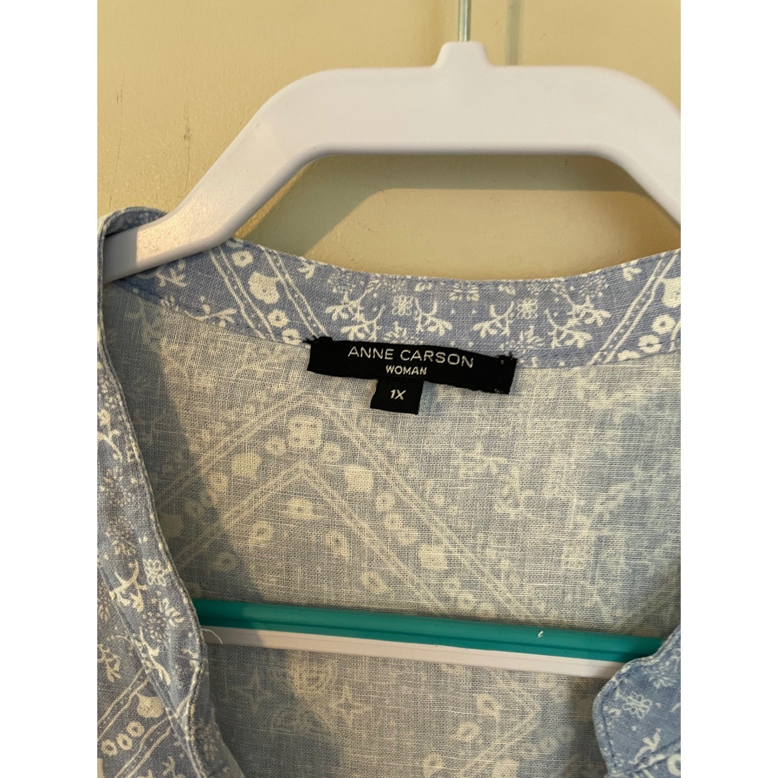 Anne Carson Blue Bandana Print Linen Blend Tunic Blouse Size 1X Western Boho