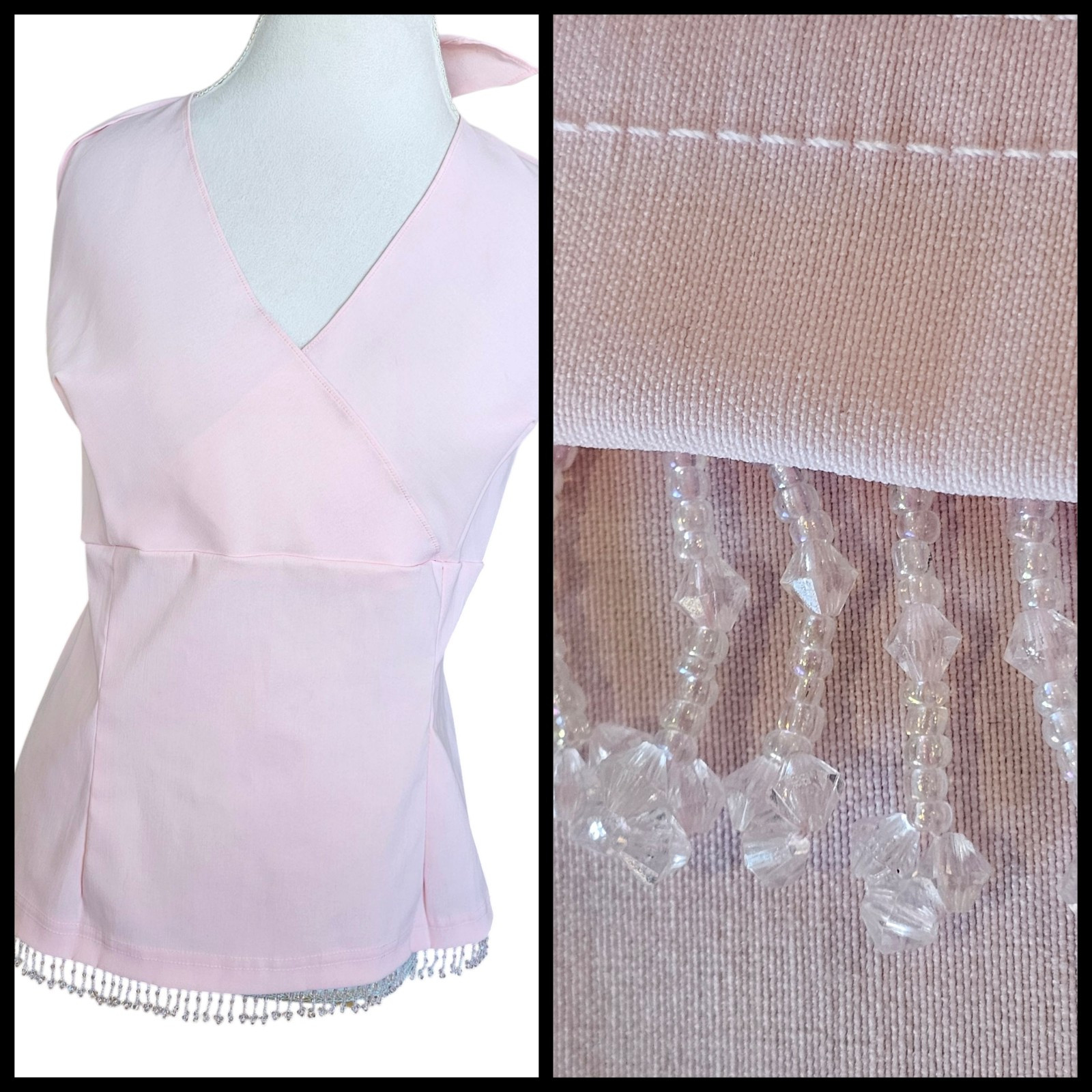 90s Y2K Light Pink Babydoll Halter Top Beaded Fringe Boho Fairy Size 1X Pastel