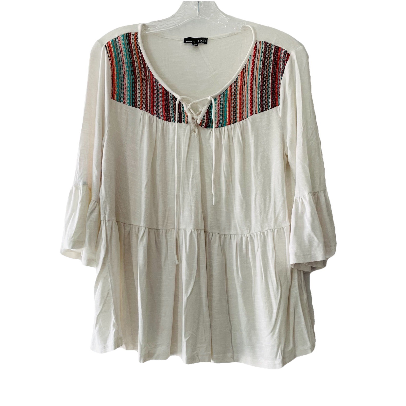 RXB Women Junior Medium White Embroidered Boho Hippie Tiered Ruffled Top Shirt