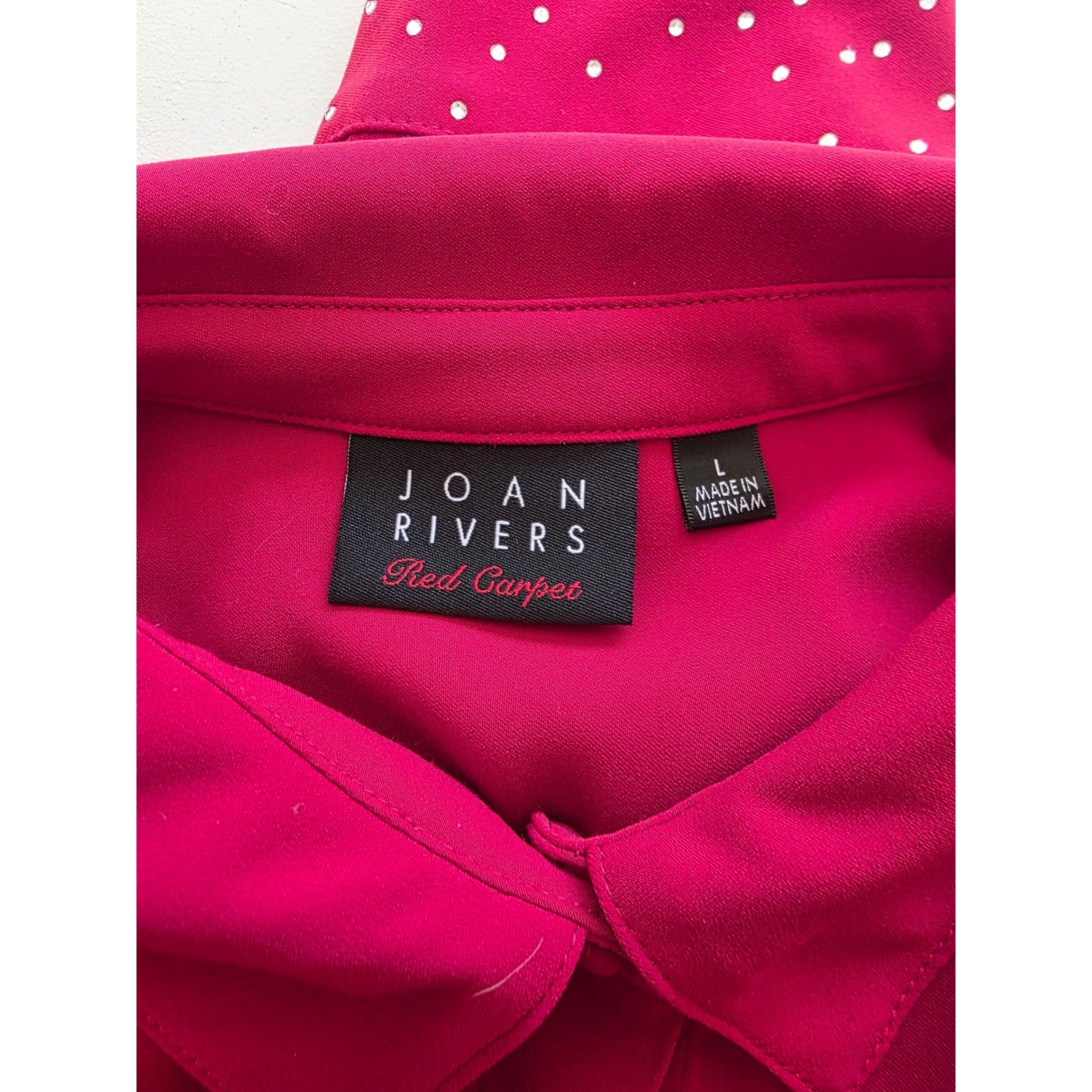 Joan Rivers Red Carpet Blouse VIbrant Red Rhinestone Cuff Button Down Top Large