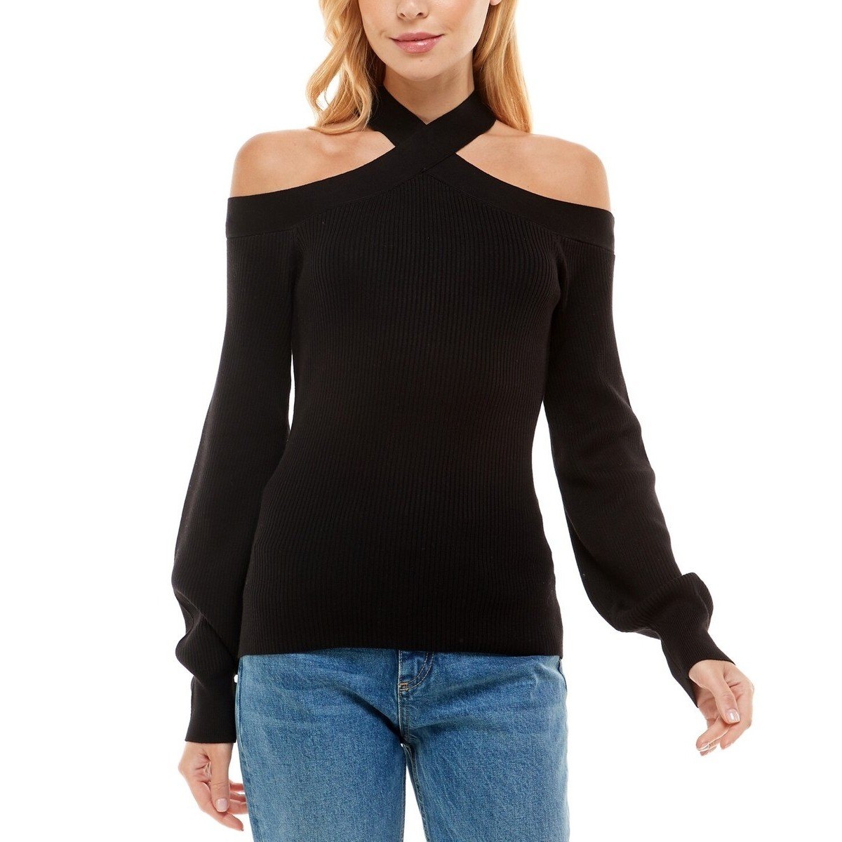 XL STYLE & CO Black dressy rayon blend cold shoulder criss cross neck sweater