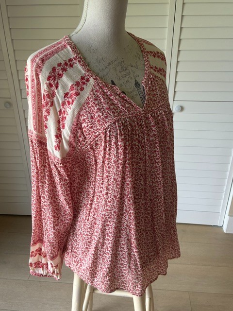 Lucky Brand Floral Bohemian Peasant Blouse in Red & White Sz M