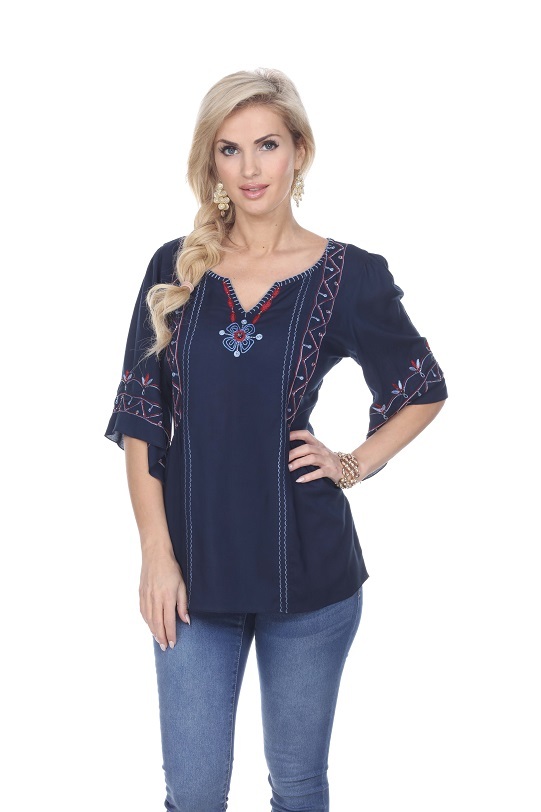 Women’s Top Blouse Navy Blue Krista Lee Sitka Embroidery Notched Neck Size S,XL