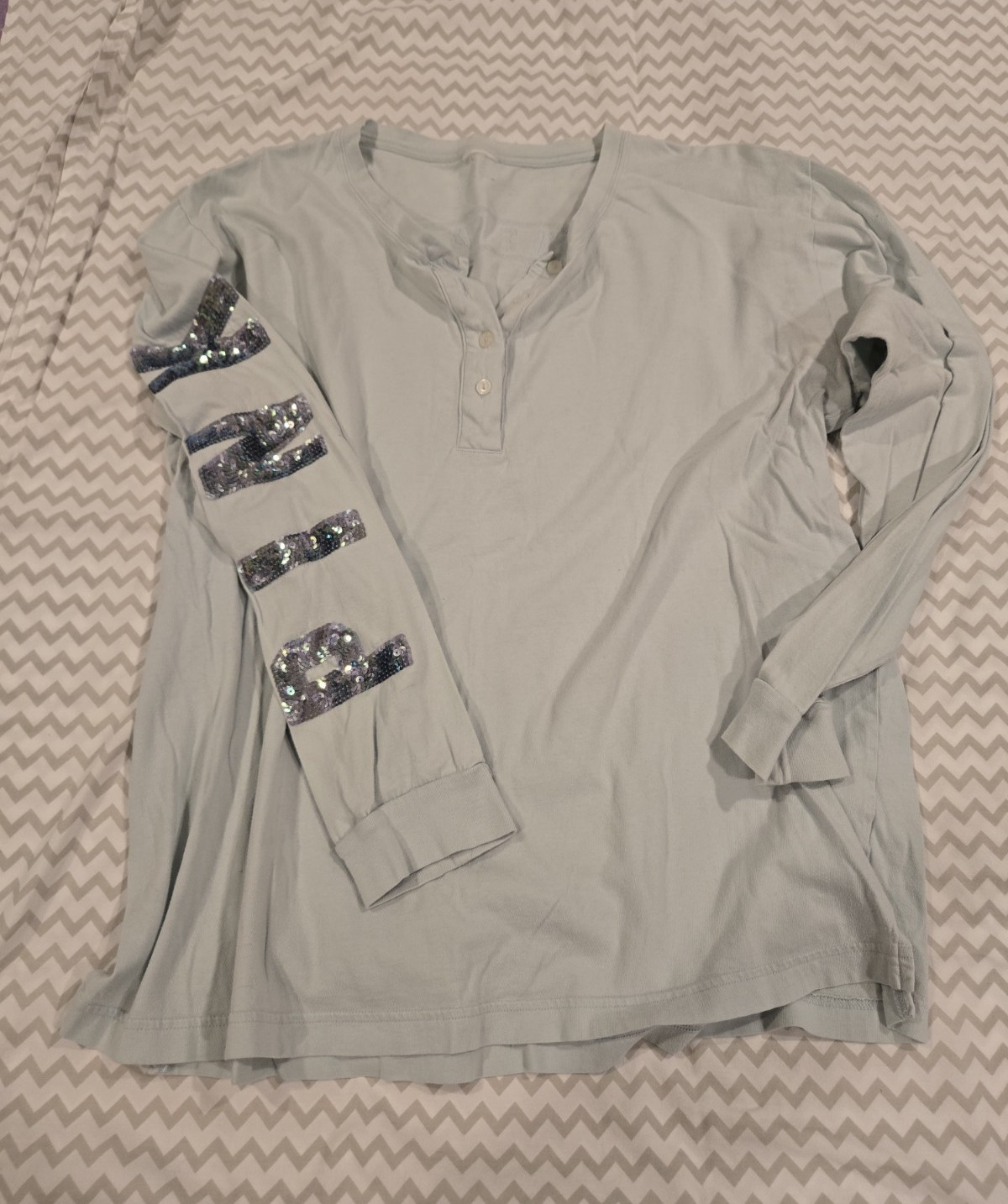 PINK Victoria’s Secret Women’s Light Mint Long Sleeve Henley With Sequin Logos