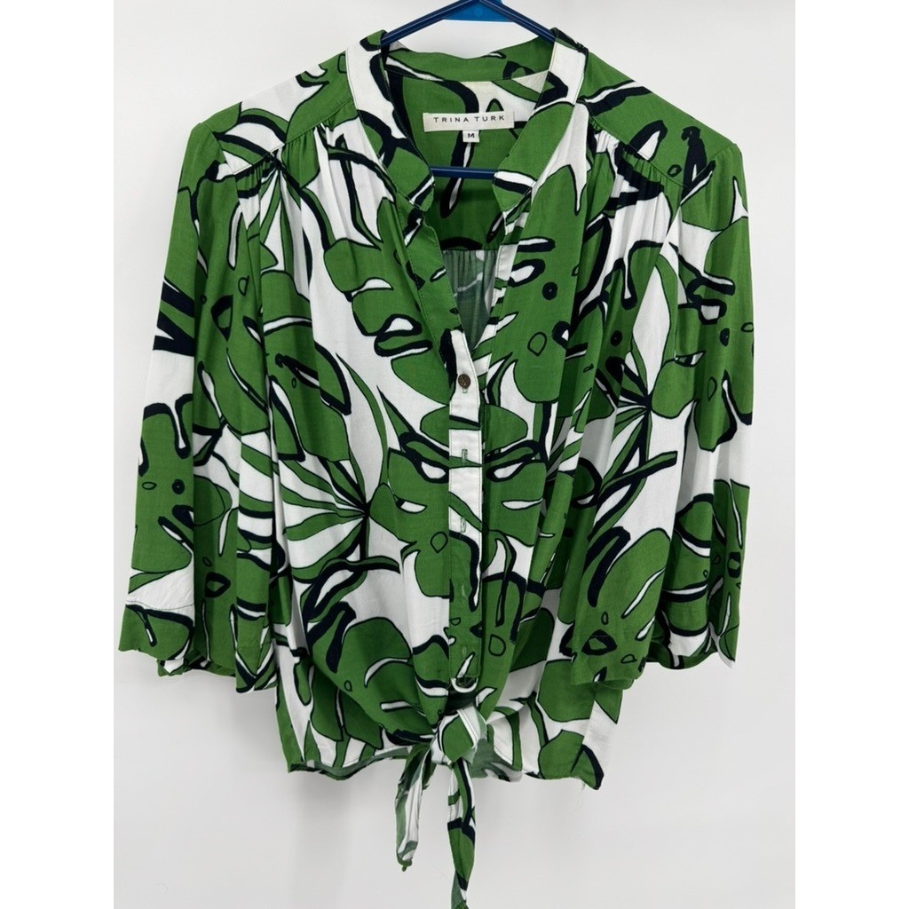 Trina Turk Womens Green Monstera Leaf Tropical Tie Front Blouse Sz M resort wear