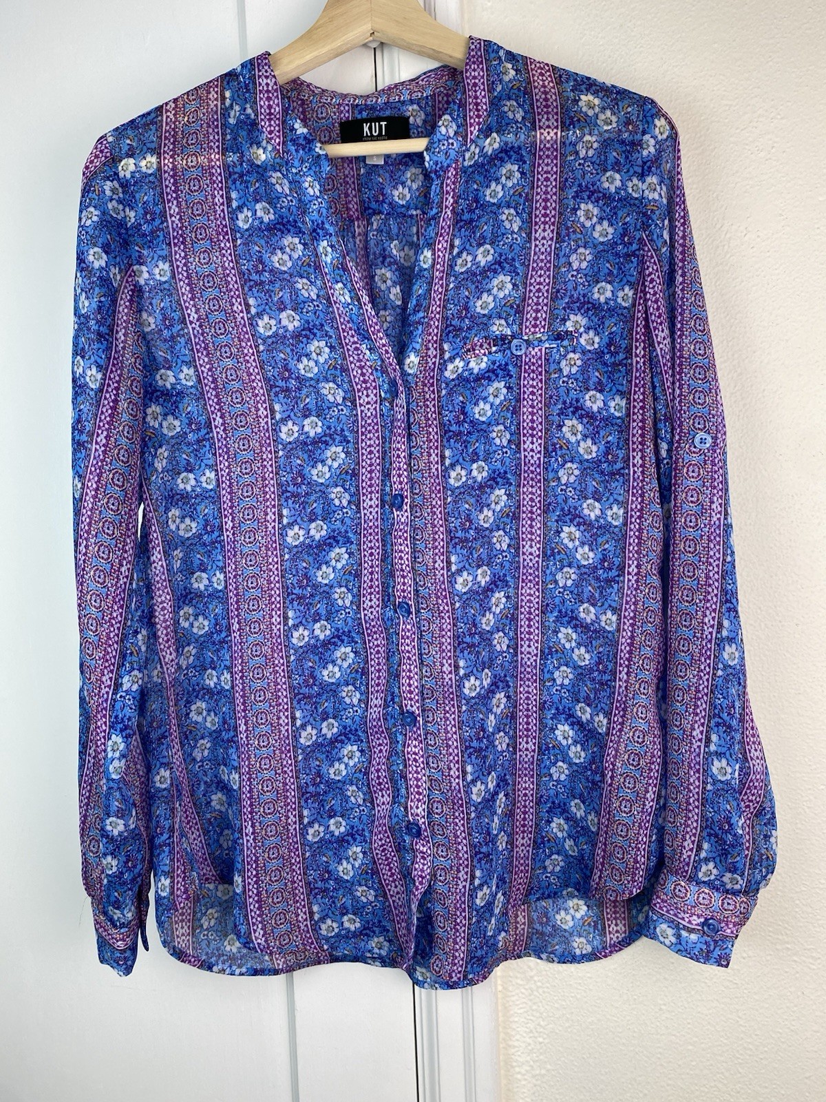 KUT from the Kloth Womens S Blue Purple Sheer Striped Floral Button Up Tunic Top