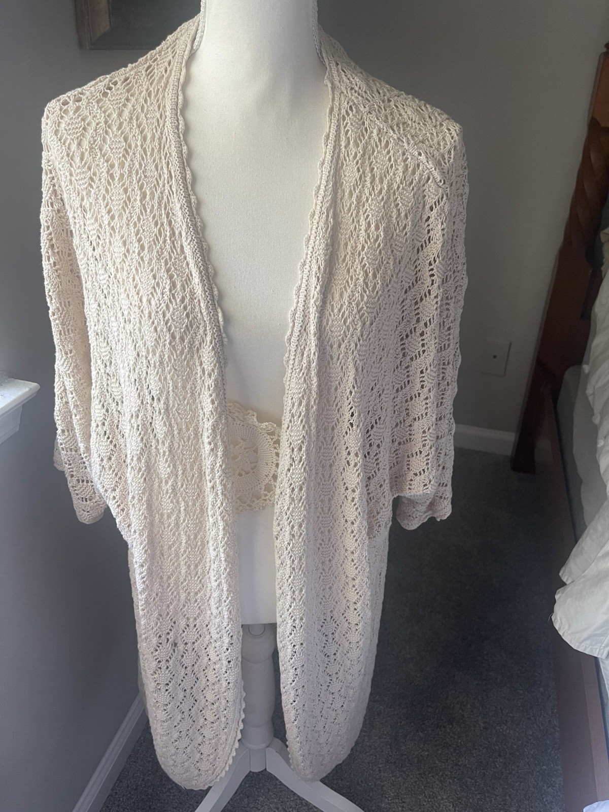Boho Crochet Duster Open Cardigan Maurice’s Sz L 3/4 sleeve Festival Prairie