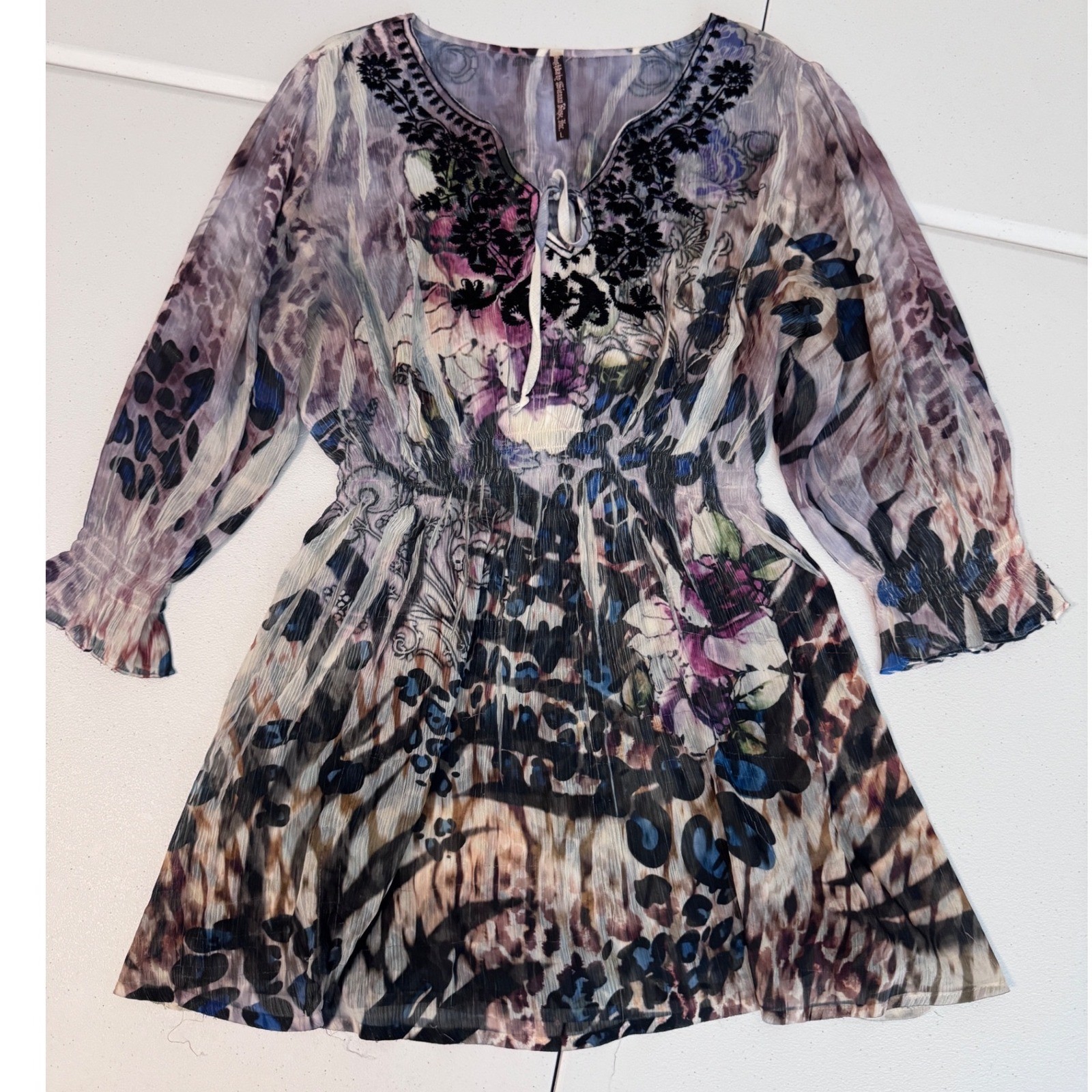 Mushka by Sienna Rose Sheer Floral Animal Print Embroidered Tunic Top Large ff