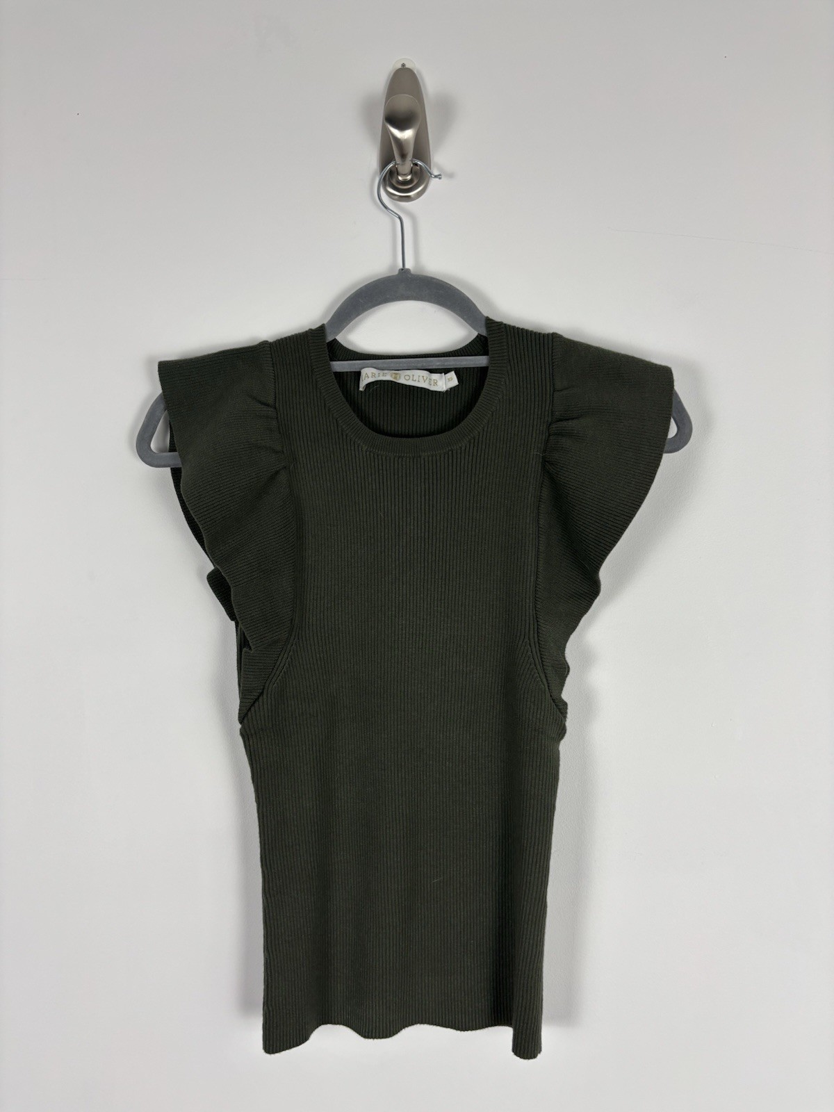Marie Oliver Rory Flutter Sleeve Ribbed Top Size Xs Green Crewneck Stretch