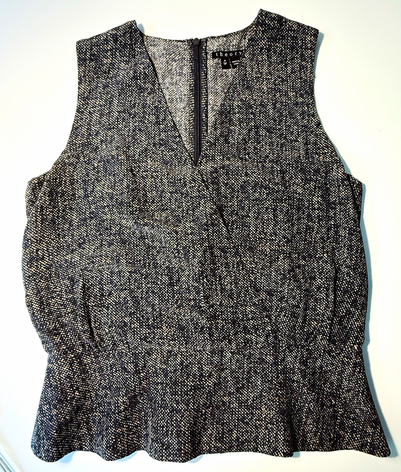 Theory Petites Navy/White/Yellow Tweed 100% Silk V-Neck Sleeveless Zip Blouse XS