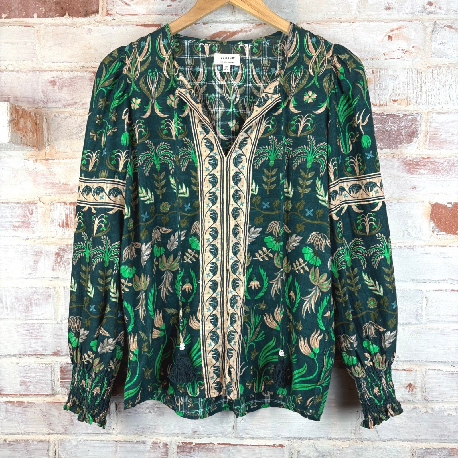 Jigsaw Floral Botanical Cotton Tassel Blouse US 4 UK 8 Boho, cottagecore, art