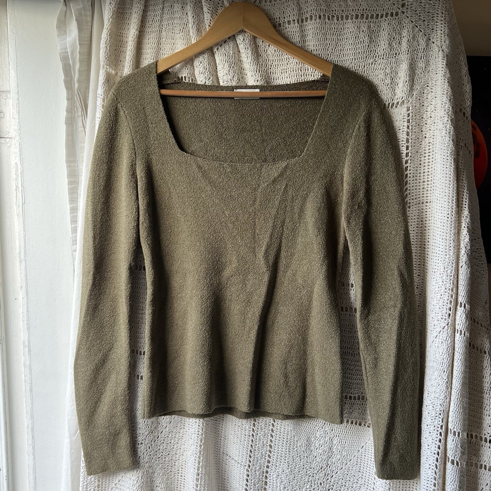 NWOT Nanushka Women MEDIUM Ambru Square Neck Top Olive Green Sweater Long Sleeve