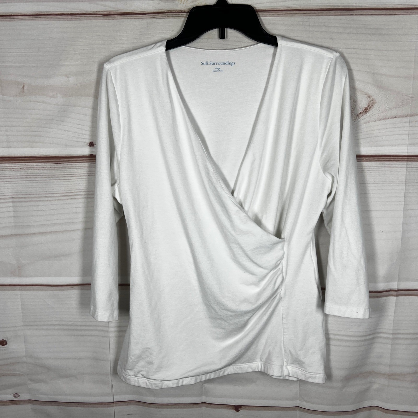 Soft Surroundings Top Women Large White Solid Pima Cotton Modal Faux Wrap Blouse
