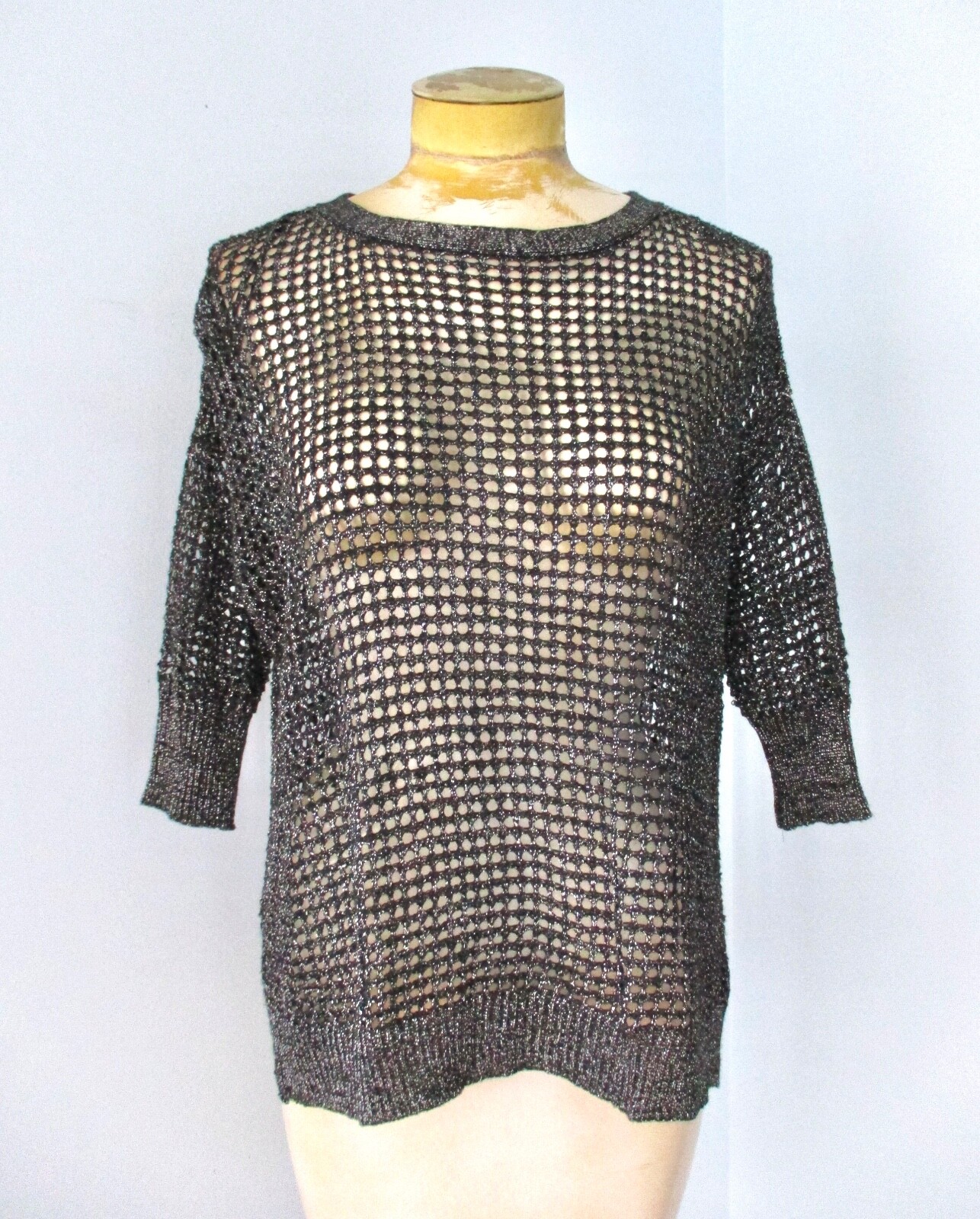 NWT RXB black silver shimmer top slouchy boxy oversize open mesh weave soft S