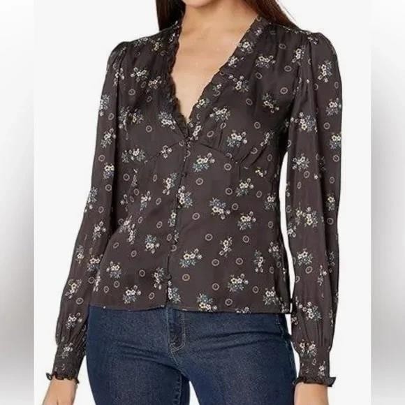 BRAND NEW! $199 PAIGE “BRANDIE” LONG SLEEVE SATIN TOP NORDIC FLORAL BLACK SIZE S