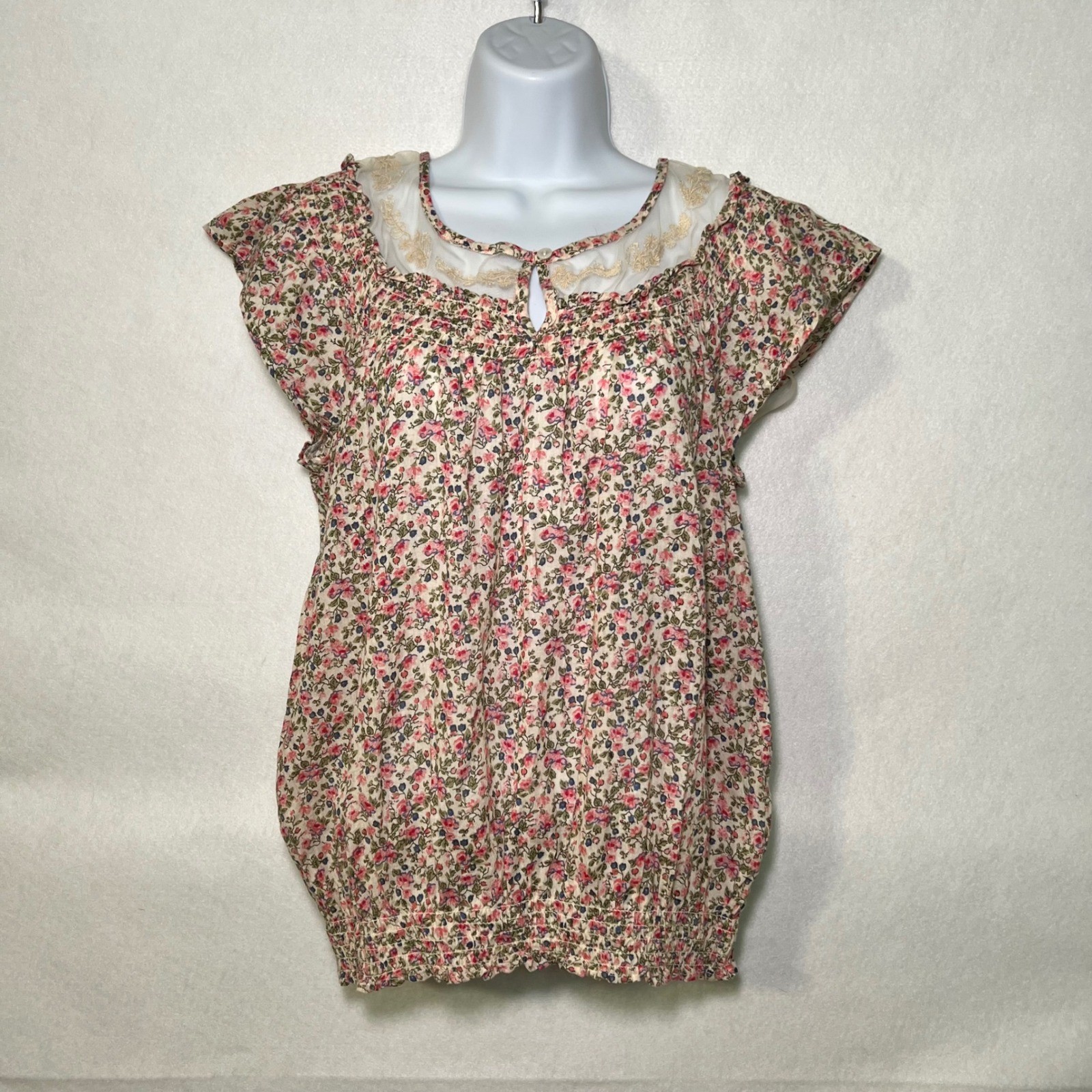 New Nine West Mollie Floral Cottagecore Boho Ditzy Prairie Lace Smocked Top M