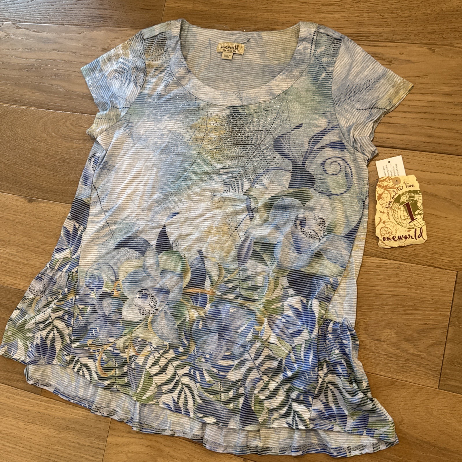 OneWorld Blue Floral Ruffle Hem Top Small Rhinestone Detail NWT
