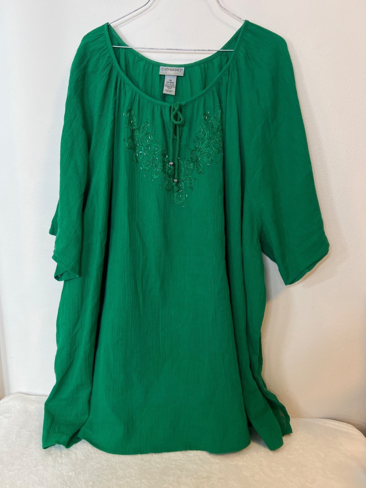 Catherine’s 5X 34/36W Kelly Green Blouse Tassels Tie Lightweight Spring Beading