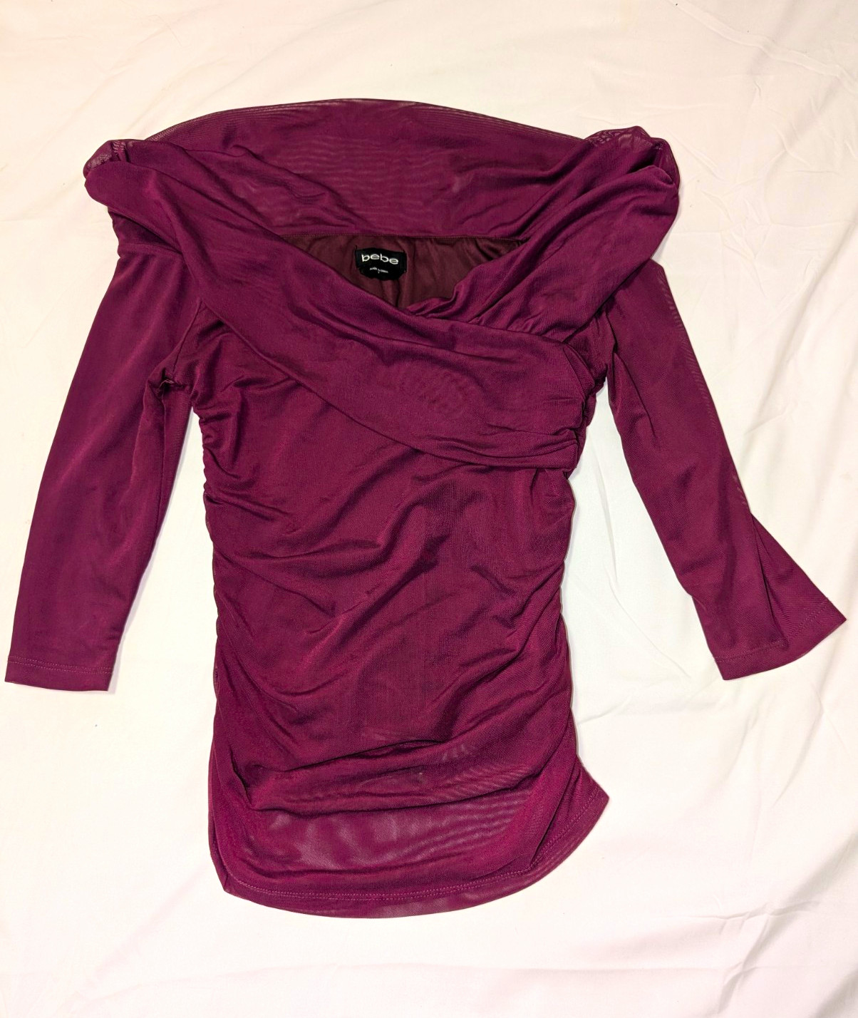 bebe Purple Off-the-Shoulder Ruched Mesh Stretch Top 3/4 Sleeve Size S