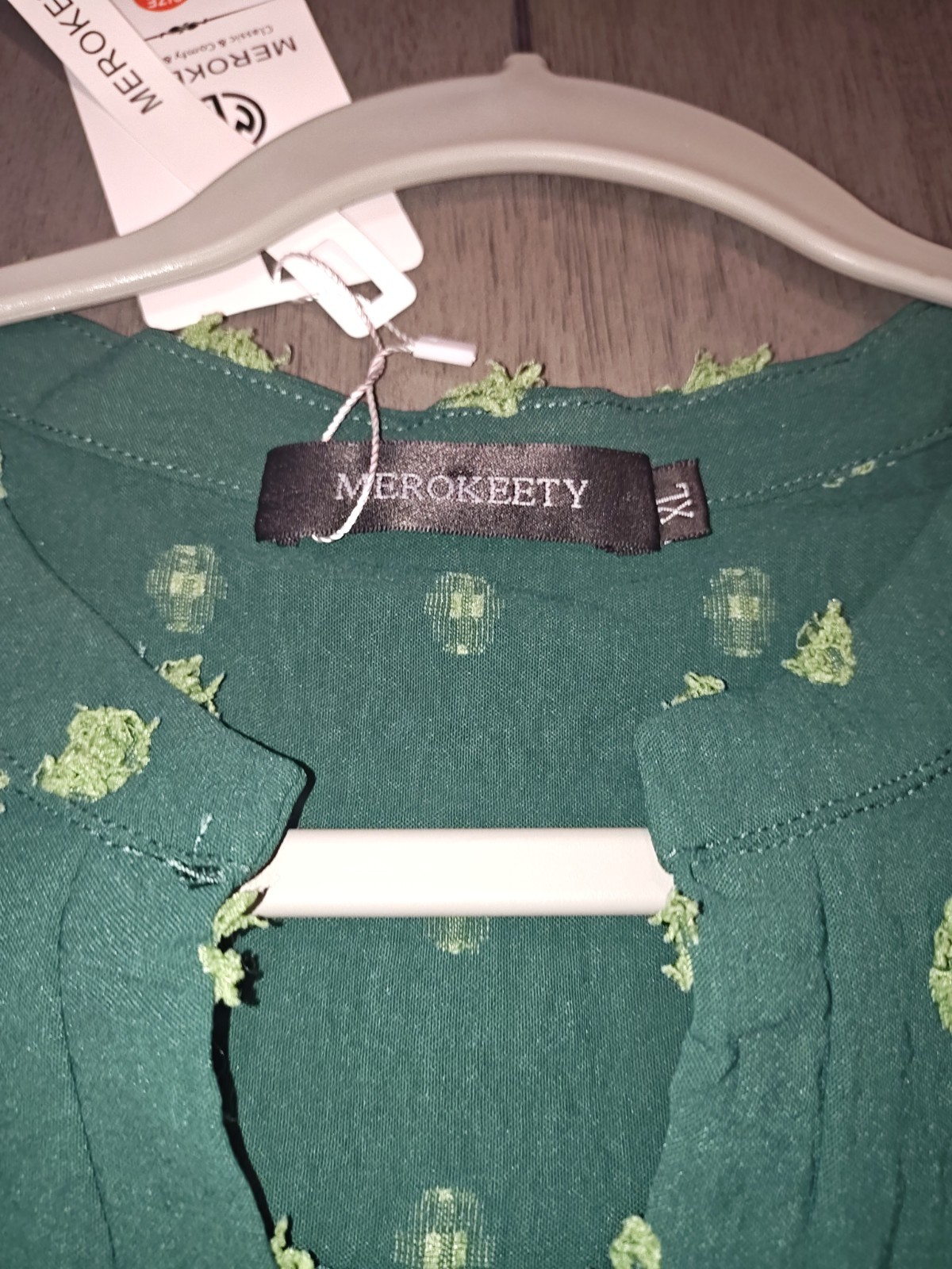 NWT MEROKEETY Green Swiss Dot Short Flutter Sleeve Blouse Top XL