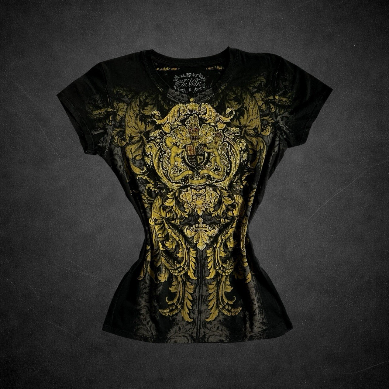 In Vein Women’s Print Tshirt L Black Gold Ornate Textured Emo Y2K Alternative