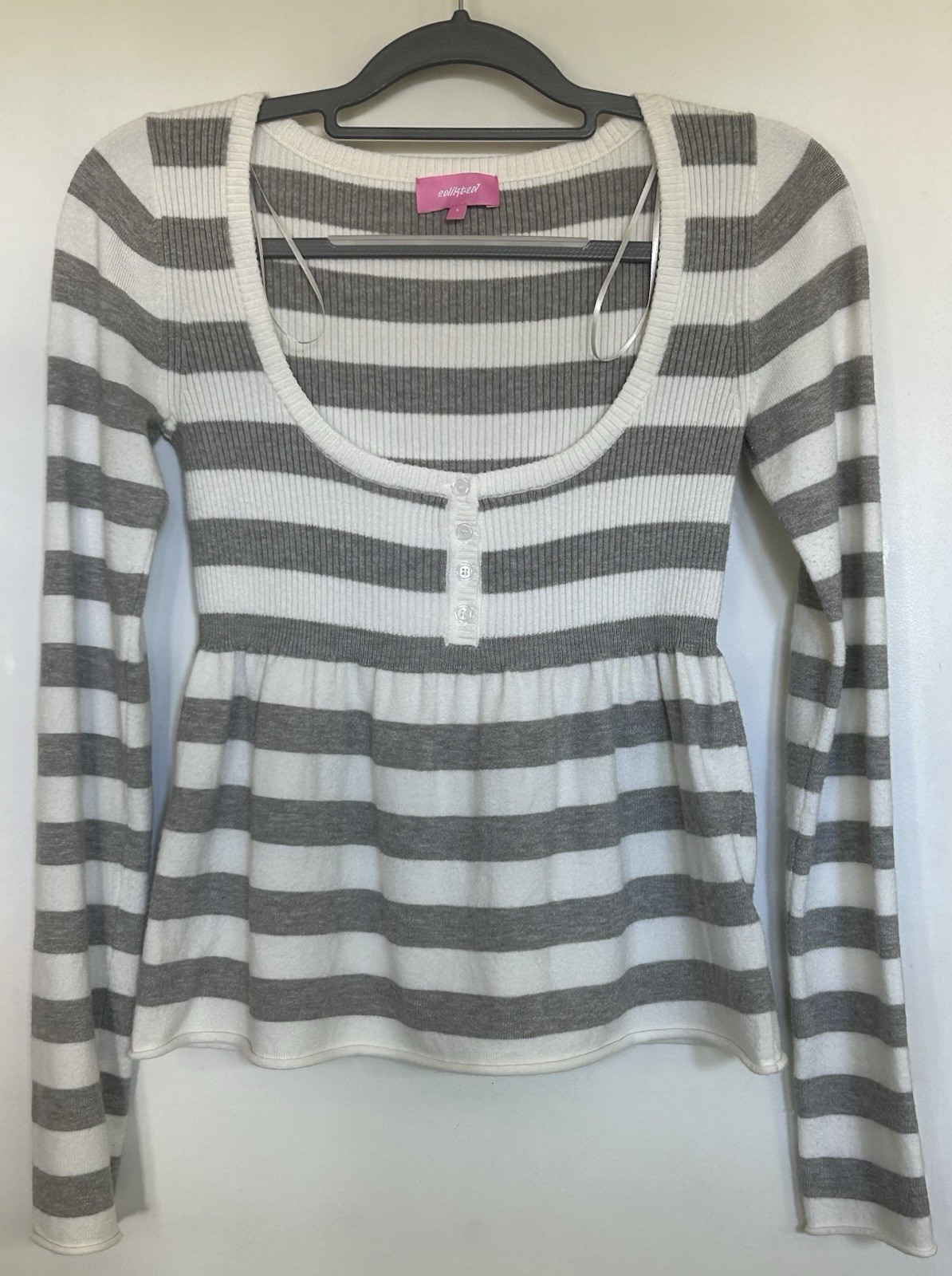Edikted Women’s S Gray White Stripe Babydoll Rib Knit Top Imperial Waist Flared